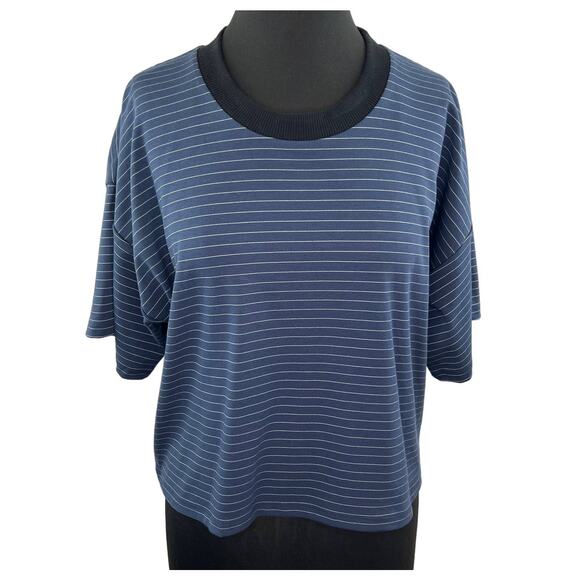 Tribe Kelley Blue White Stripe Crewneck Short Sleeve Cotton Pullover Crop Top M - Picture 1 of 6